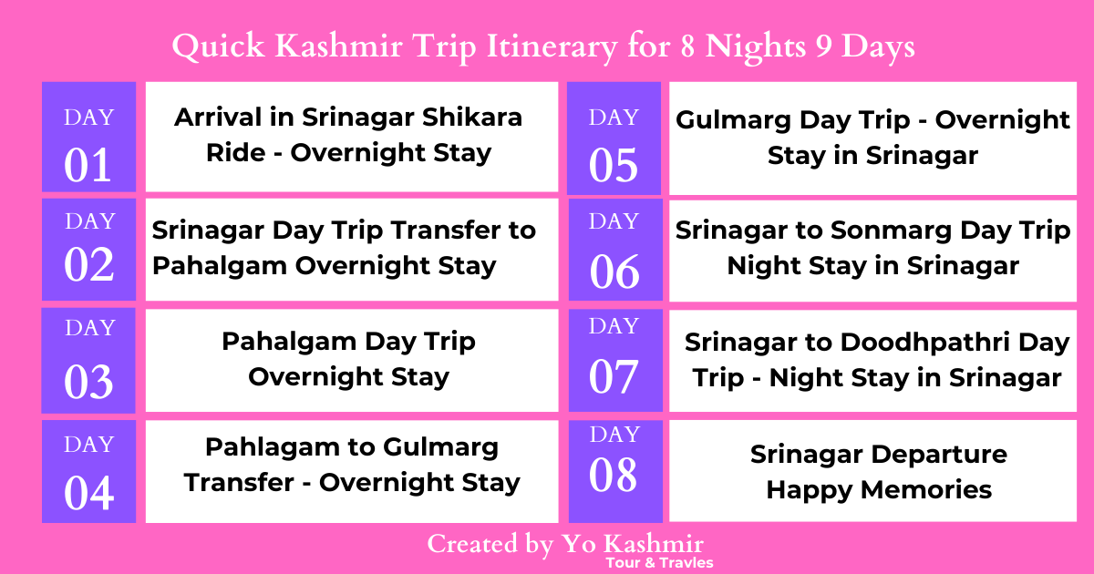 Quick Kashmir Trip Itinerary for 8 Nights 9 Days