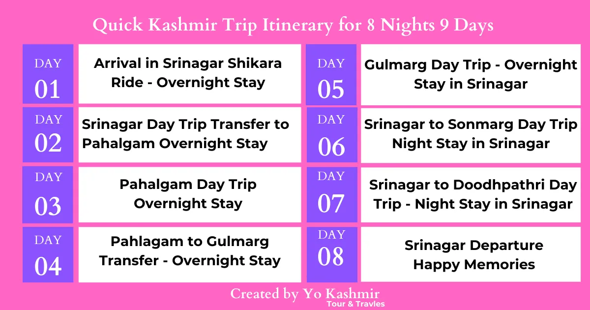 Quick Kashmir Trip Itinerary for 8 Nights 9 Days
